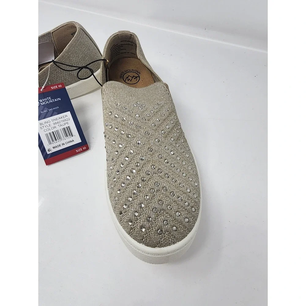 White Mountain Womens Rhinestone Sneaker Tan Metallic Knit Casual Size 10